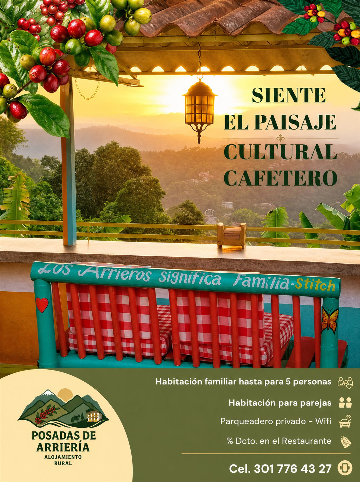 Atardecer sobre el Paisaje Cultural Cafetero desde Posadas de Arriería — foto real