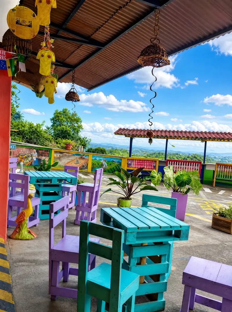 Terraza de Posadas de Arriería con sillas de colores y vista al Paisaje Cultural Cafetero
